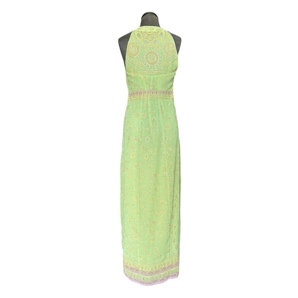 Custom Silk Floral Halter Maxi Dress Light Green Pink Sleeveless Gown Size M - Picture 3 of 5